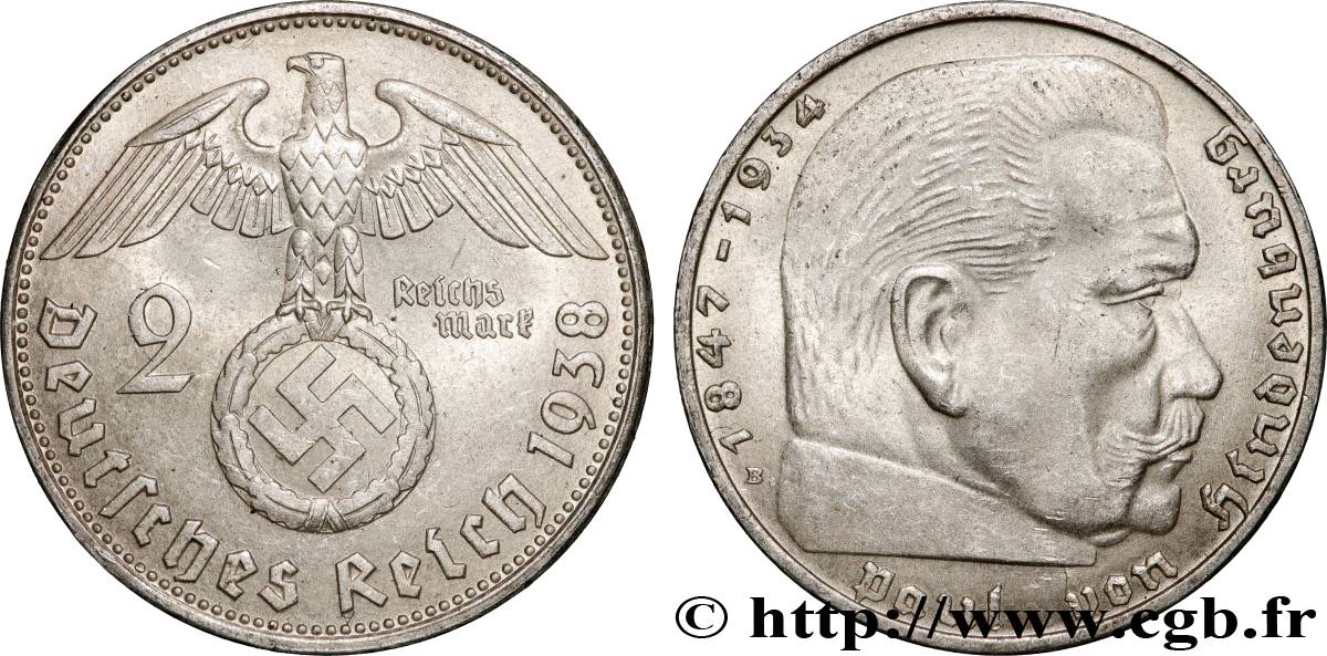 ALLEMAGNE 2 Reichsmark Maréchal Paul von Hindenburg 1938 Vienne SUP 