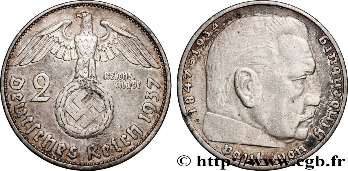 GERMANY 2 Reichsmark Maréchal Paul von Hindenburg 1937 Muldenhütten - E AU 