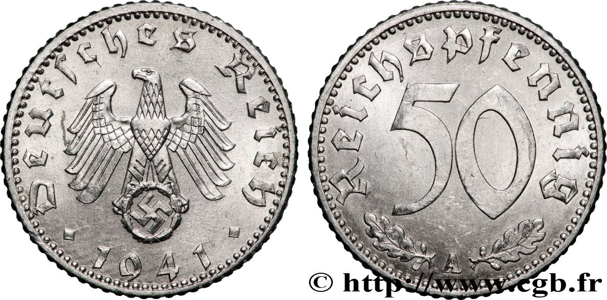 ALLEMAGNE 50 Reichspfennig aigle héraldique  sur swastika 1941 Berlin SUP 