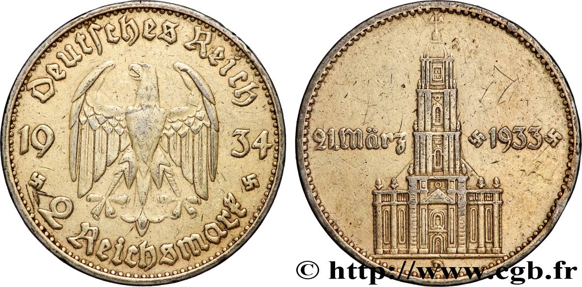 ALEMANIA 2 Reichsmark Commémoration du serment du 21 mars 1933 en l’église de la garnison de Potsdam 1934 Munich MBC 