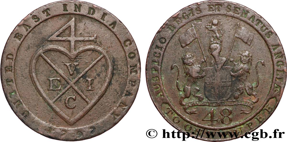 INDES BRITANNIQUES - COMPAGNIE ORIENTALE DES INDES - PRESIDENCE DE BOMBAY 1/48 de roupie  1797 Soho TTB 