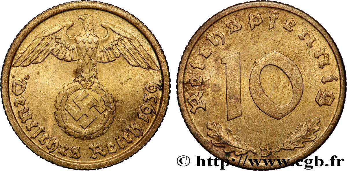 GERMANIA 10 Reichspfennig aigle surmontant une swastika 1939 Munich - D q.SPL 