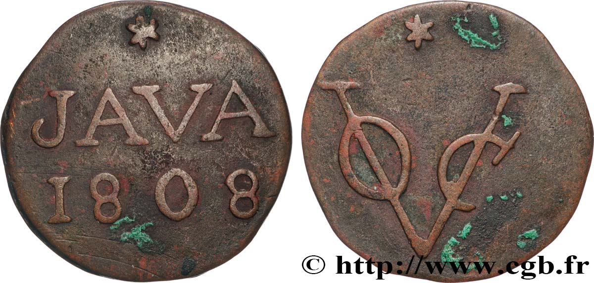INDES NEERLANDAISES 1 Duit “LN” initiales de Louis Napoléon roi de Hollande et au revers “JAVA” 1808 Harderwijk TB+ 