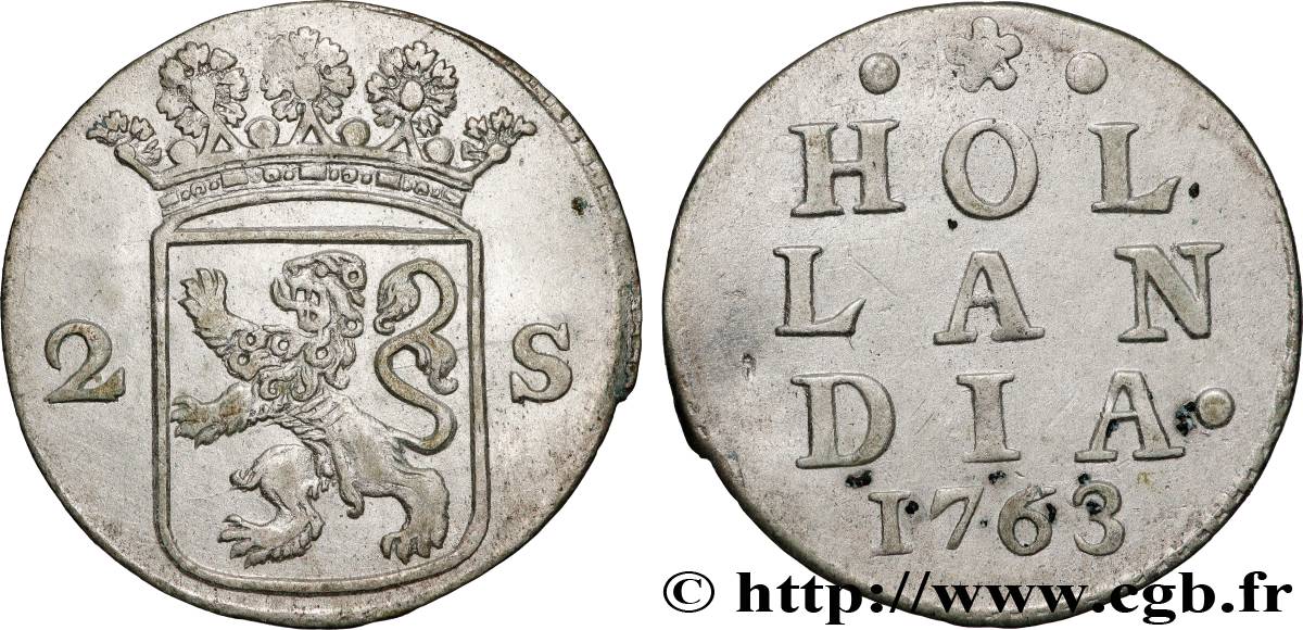 PAíSES BAJOS - PROVINCIAS UNIDAS 2 Stuivers Hollande : armes couronnée 1763  EBC 