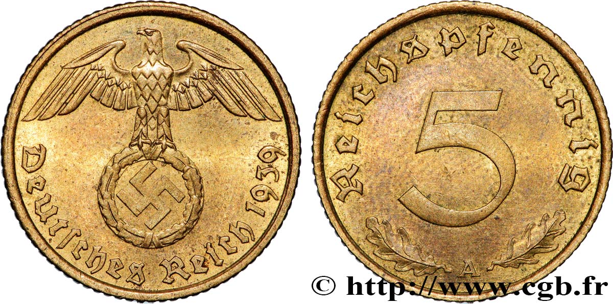 ALLEMAGNE 5 Reichspfennig aigle surmontant une swastika 1939 Berlin SUP 
