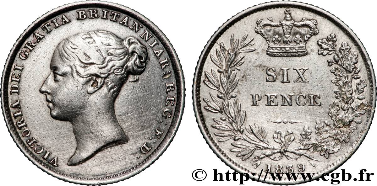 ROYAUME-UNI 6 Pence Victoria tête jeune 1839 Londres TTB+ 