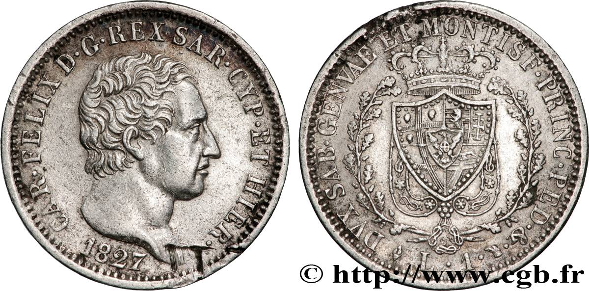 ITALIE - ROYAUME DE SARDAIGNE 1 Lire Charles Félix 1827 Turin TTB 