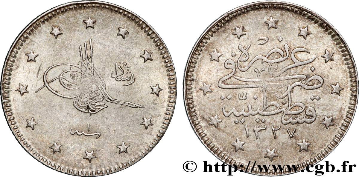 TURQUíA 2 Kurush Mehmet V AH 1327 an 1 (1909) Constantinople MBC+ 