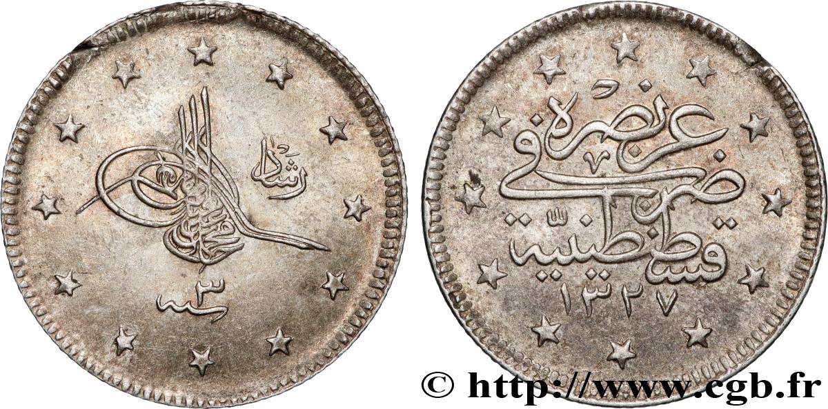 TURQUIE 2 Kurush Mehmet V AH 1327 an 3 (1911) Constantinople TTB+ 
