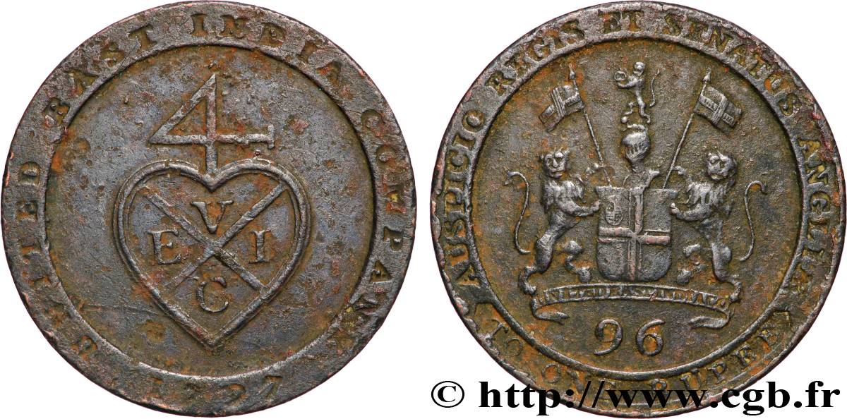 INDES BRITANNIQUES - COMPAGNIE ORIENTALE DES INDES - PRÉSIDENCE DE MADRAS 1/2 Dub (1/96 Rupee) 1797 Soho TTB 
