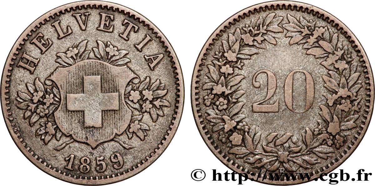 SUISSE 20 Centimes (Rappen) croix suisse 1859 Berne - B TTB 