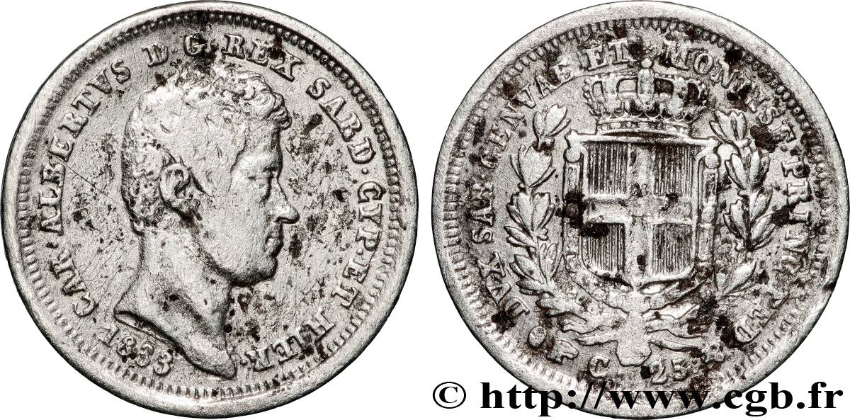 ITALIE - ROYAUME DE SARDAIGNE - CHARLES-ALBERT 25 Centesimi  1833 Turin TB+ 