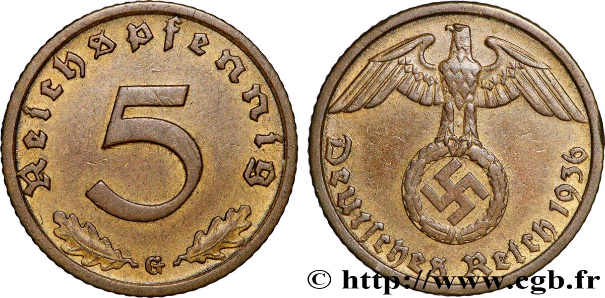 GERMANIA 5 Reichspfennig 1936 Karlsruhe SPL 