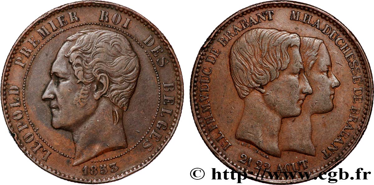 BELGIQUE 10 Centimes Mariage du Duc et de la Duchesse de Brabant 1853  TTB 