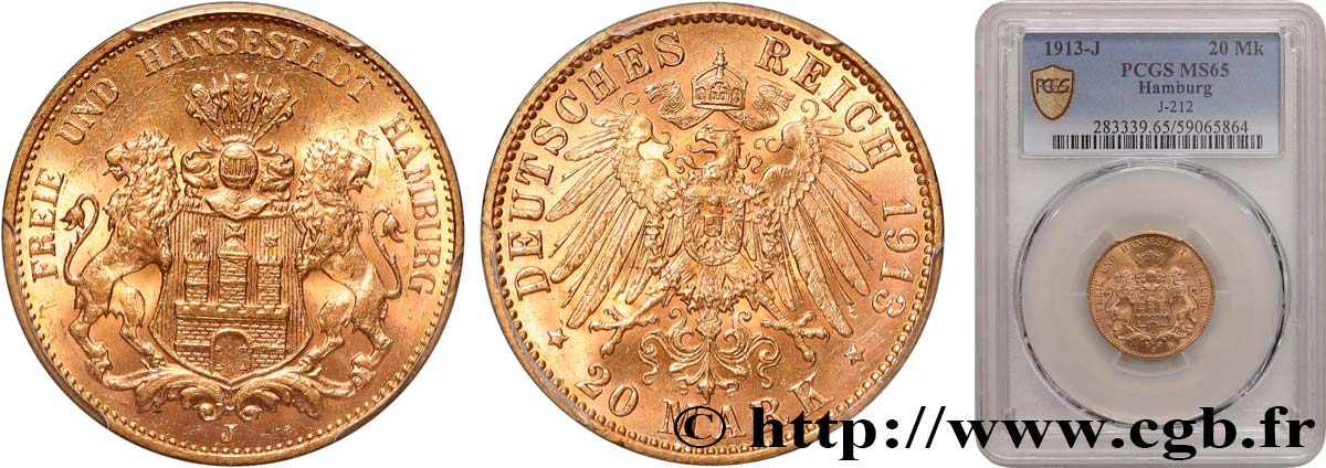 GERMANY - HAMBURG FREE CITY 20 Mark 1913 Hambourg MS65 PCGS
