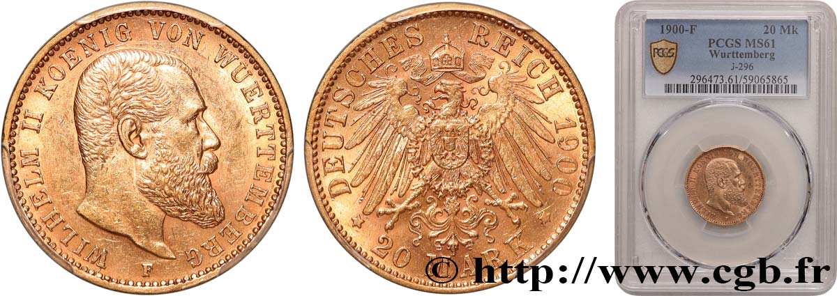 ALLEMAGNE - ROYAUME DE WURTEMBERG - GUILLAUME II 20 Mark or  1900 Stuttgart SUP61 PCGS