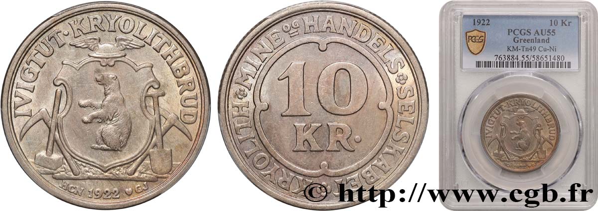 GROENLAND 10 Kroner mine de cryolite de Ivigtut  1922 Copenhague SUP55 PCGS