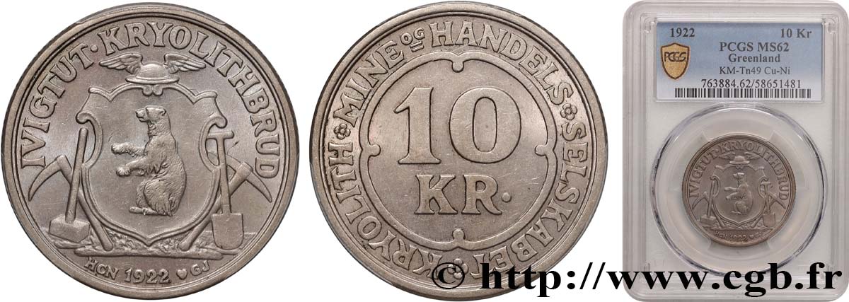 GROENLAND 10 Kroner mine de cryolite de Ivigtut  1922 Copenhague SUP62 PCGS