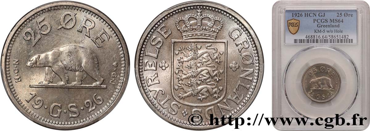 GROENLAND 25 Ore Administration Danoise 1926 Copenhague SPL64 PCGS