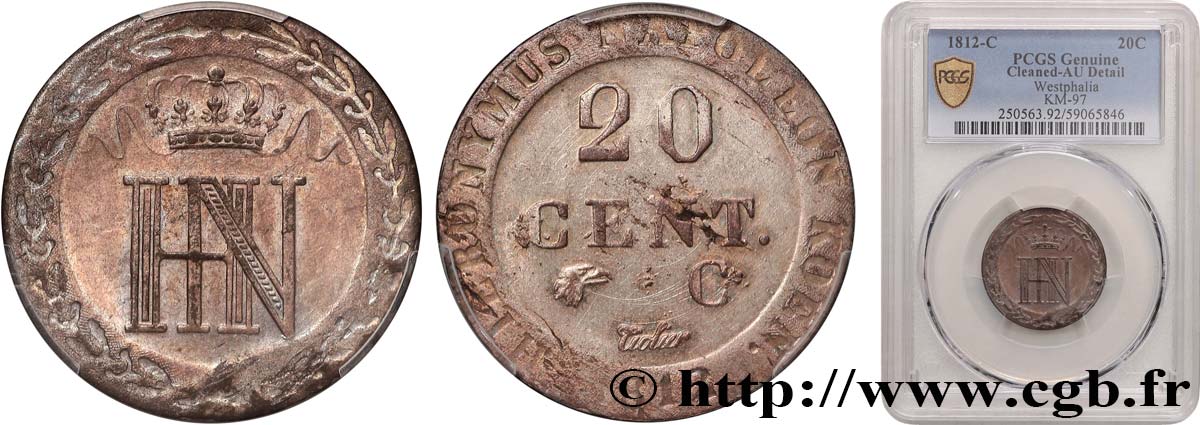 ALLEMAGNE - ROYAUME DE WESTPHALIE 20 Cent. monogramme de Jérôme Napoléon 1812 Cassel - C SUP PCGS