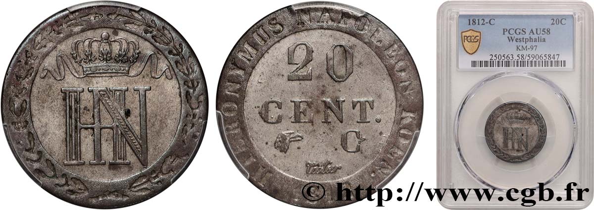 ALLEMAGNE - ROYAUME DE WESTPHALIE 20 Cent. monogramme de Jérôme Napoléon 1812 Cassel - C SUP58 PCGS