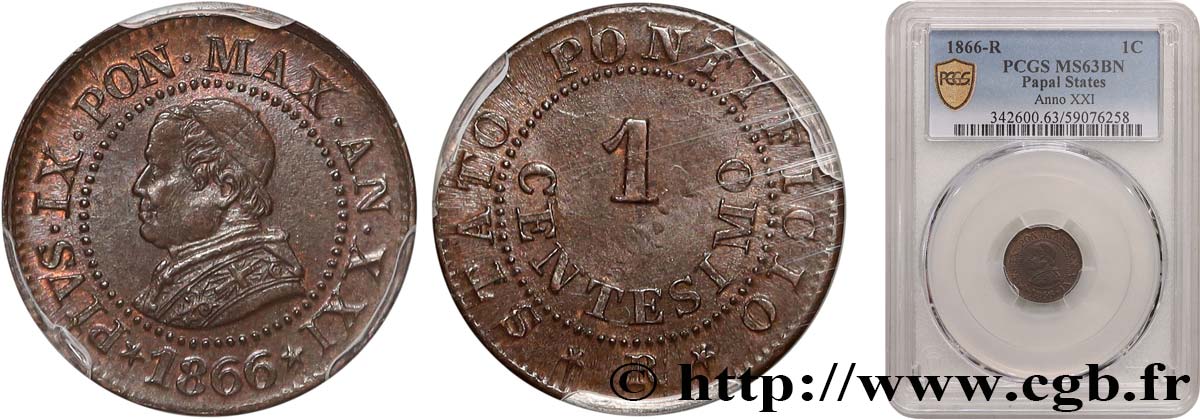 VATICAN - PIUS IX (Giovanni Maria Mastai Ferretti) 1 Centesimo an XXII 1866 Rome MS63 PCGS