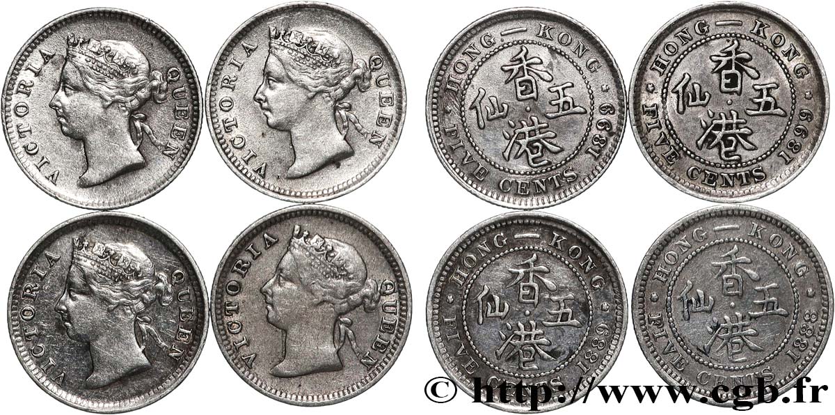 HONG KONG Lot 4 x 5 Cents Victoria 1888-1899  BB 