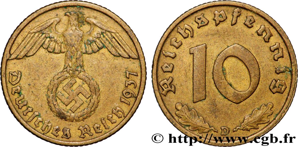 GERMANIA 10 Reichspfennig aigle surmontant une swastika 1937 Munich - D BB 