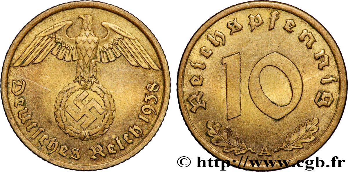 ALLEMAGNE 10 Reichspfennig aigle surmontant une swastika 1938 Berlin TTB 