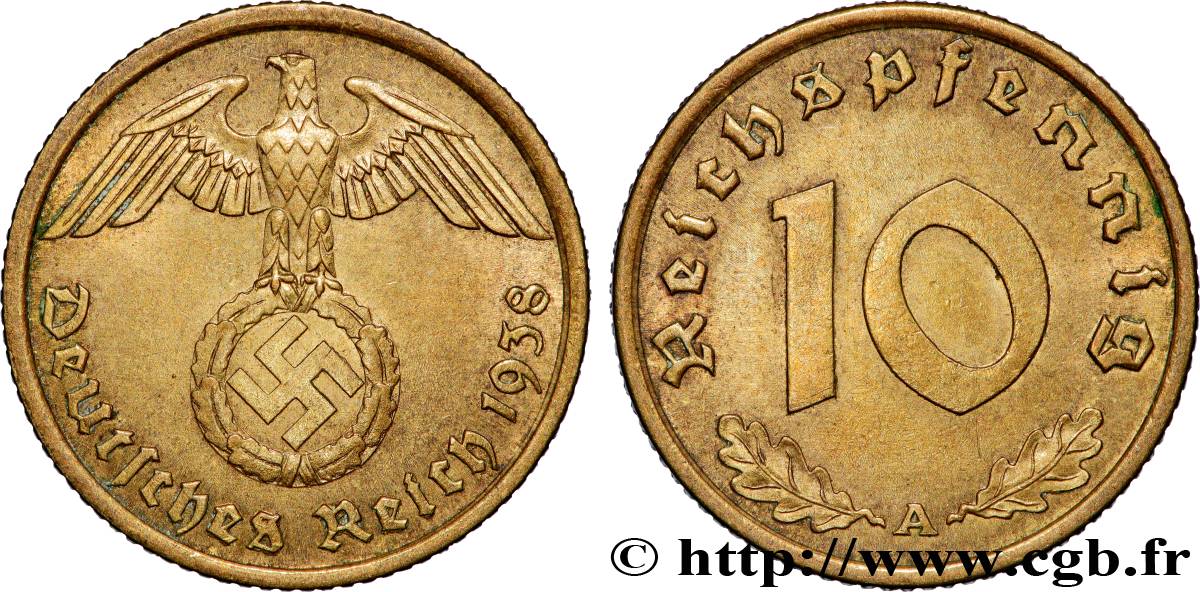 GERMANIA 10 Reichspfennig aigle surmontant une swastika 1938 Berlin q.SPL 