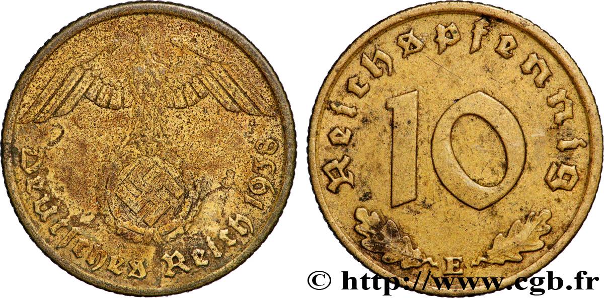 ALLEMAGNE 10 Reichspfennig aigle surmontant une swastika 1938 Muldenhütten - E TTB 