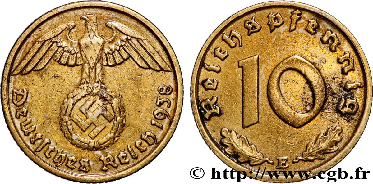 GERMANIA 10 Reichspfennig aigle surmontant une swastika 1938 Muldenhütten - E BB 