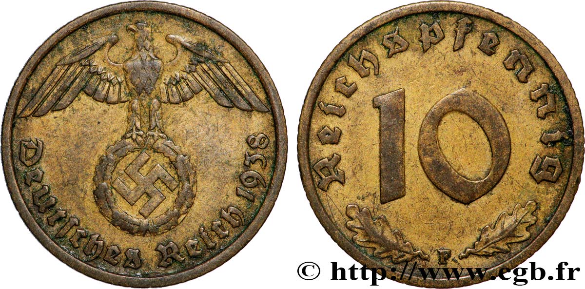ALLEMAGNE 10 Reichspfennig aigle surmontant une swastika 1938 Stuttgart TTB 
