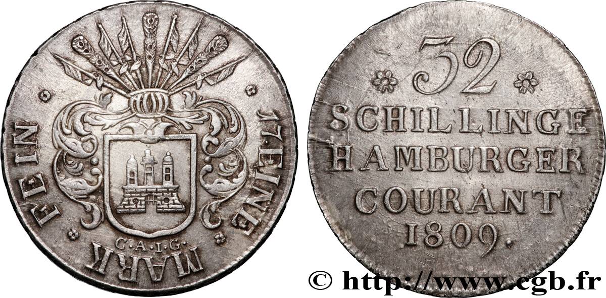 ALLEMAGNE - TERRITOIRE DE HAMBOURG  32 schillings, 2e type 1809 Hambourg TTB+ 