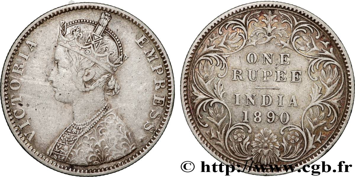 INDES BRITANNIQUES 1 Roupie Victoria 1890  Bombay TTB 