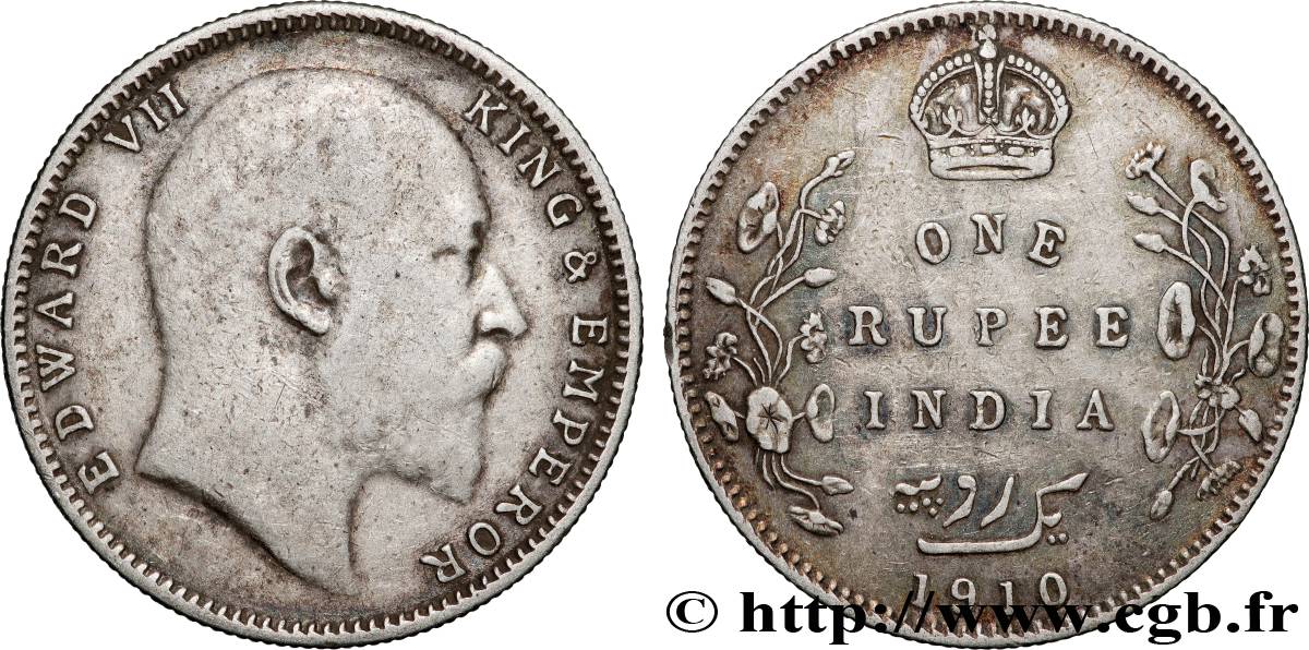 INDIA BRITANNICA 1 Rupee (Roupie) Edouard VII couronné 1910 Calcutta BB 