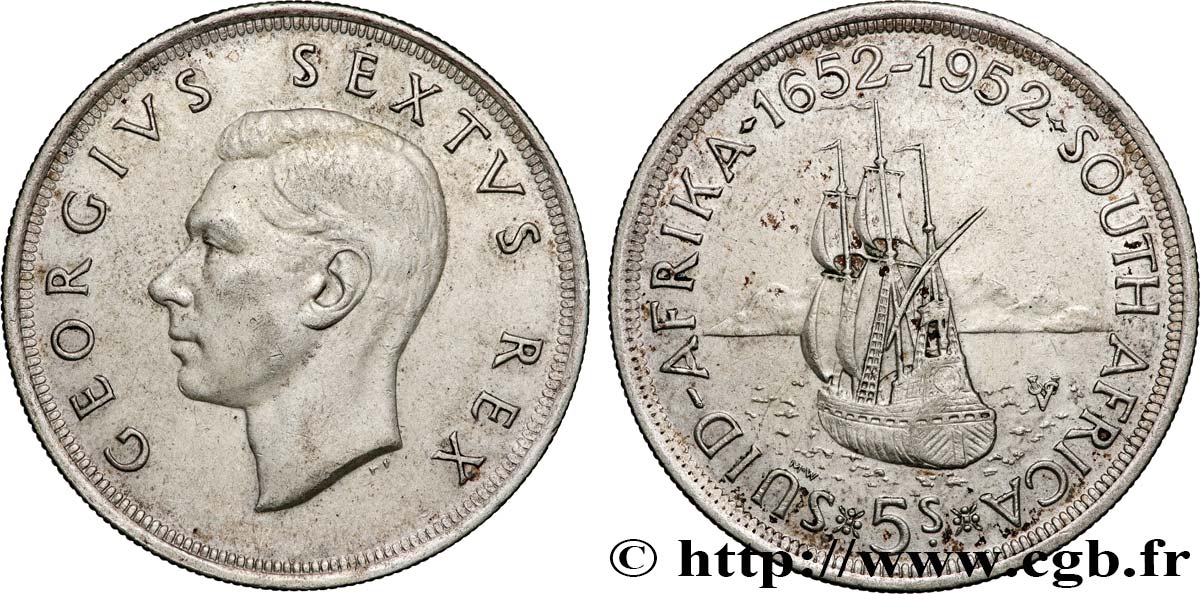 AFRIQUE DU SUD 5 Shillings 300e anniversaire fondation de la ville du Cap 1952 Pretoria TTB+ 