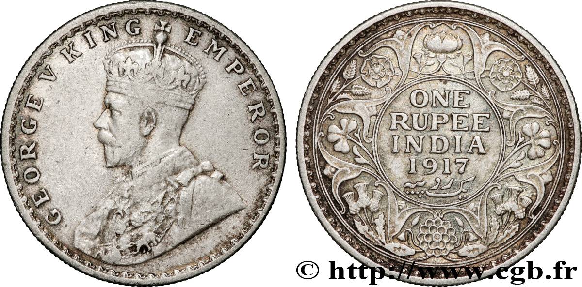 INDES BRITANNIQUES 1 Rupee (Roupie) Georges V 1917 Calcutta TTB 