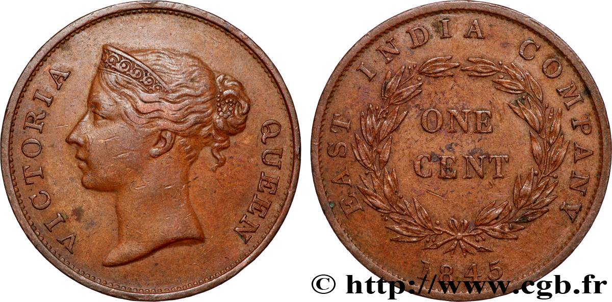 ÉTABLISSEMENTS DES DÉTROITS 1 Cent Victoria East India Company 1845  TTB 