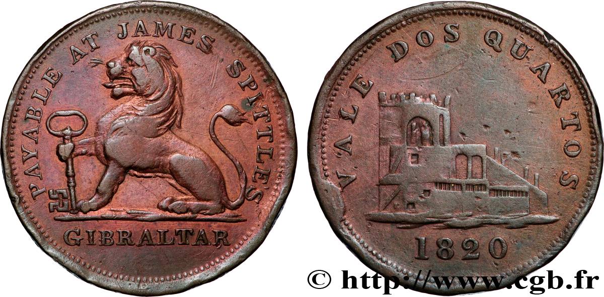 GIBRALTAR 2 Quartos lion tenant une clé, lion tenant une clé 1820  TTB 