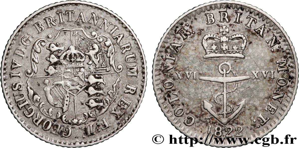 INDES BRITANNIQUES OCCIDENTALES 1/16 Dollar Georges IV 1822  TTB 