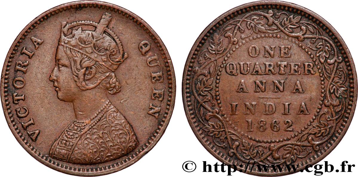 BRITISH INDIA 1/4 Anna Victoria 1862 Calcutta XF 