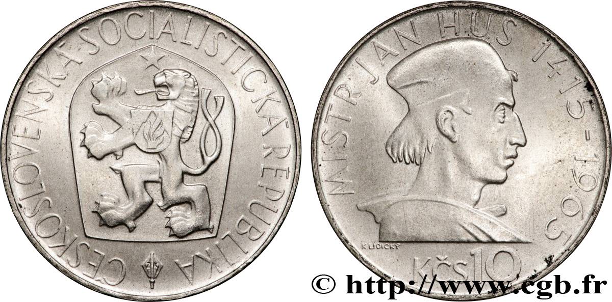 TCHÉCOSLOVAQUIE 10 Korun 550e anniversaire de la mort de Jan Hus 1965  TTB+ 
