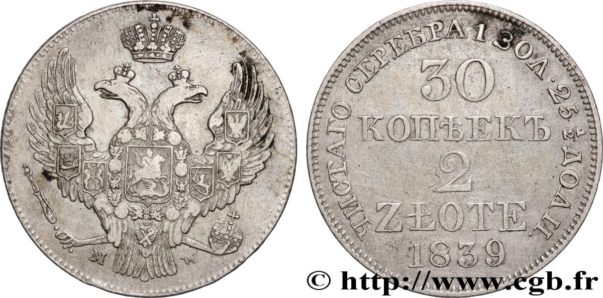 POLAND 2 Zlote = 30 Kopecks Aigle bicéphale couronnée aux armes de la Russie 1839 Varsovie XF 