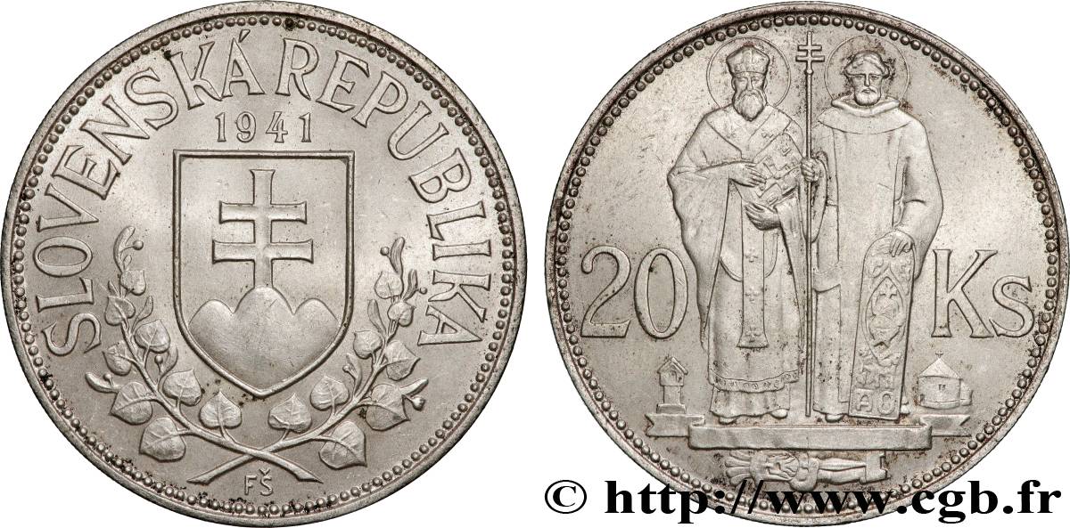 SLOVACCHIA 20 Korun St Cyril et St Méthode variété avec croix à simple barre 1941  SPL 
