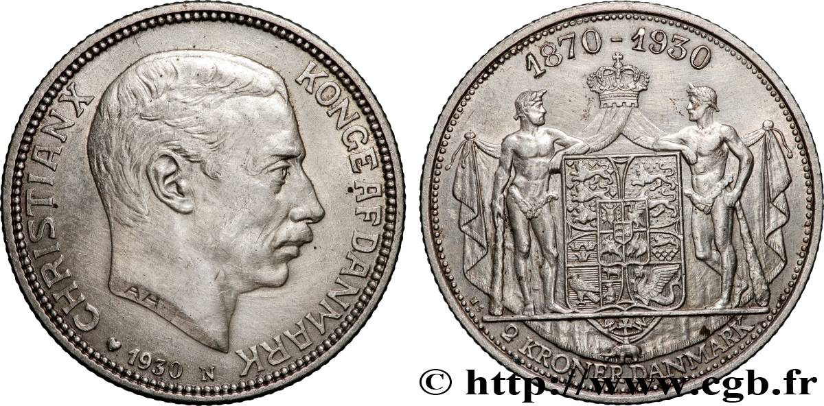 DANEMARK 2 Kroner 60e anniversaire du roi Christian X 1930 Copenhague TTB+ 