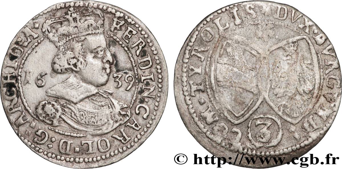 AUTRICHE 3 Kreuzer Ferdinand-Charles 1639 Hall TTB 