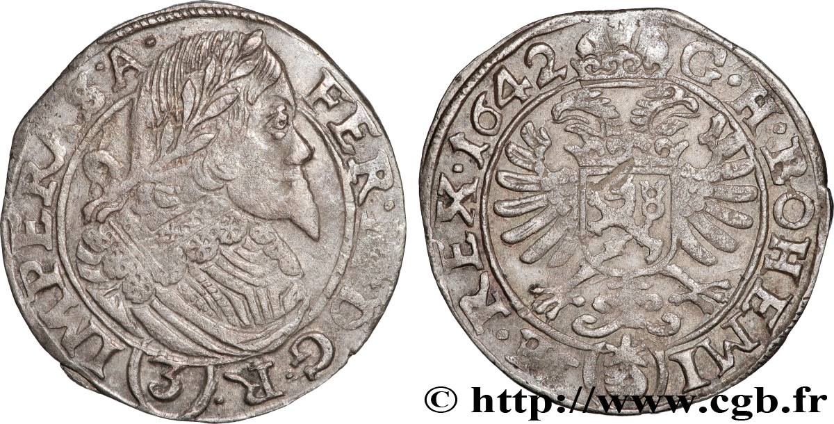 AUTRICHE - BOHÊME - FERDINAND III DE HABSBOURG 3 Kreuzer 1642 Prague BB 