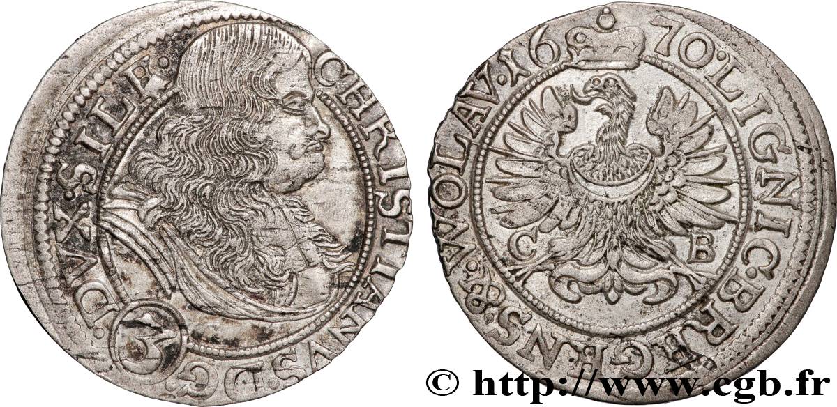 ALLEMAGNE - SILÉSIE - DUCHÉ DE LEGNICA-BRZEG 3 Kreuzer - Christian 1670  TTB 