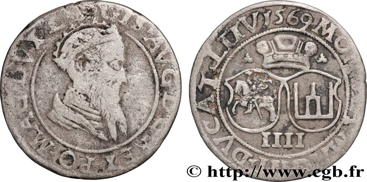 POLOGNE - ROYAUME DE POLOGNE - SIGISMOND II VASA Quatre groschen 1569 Marienburg TB 